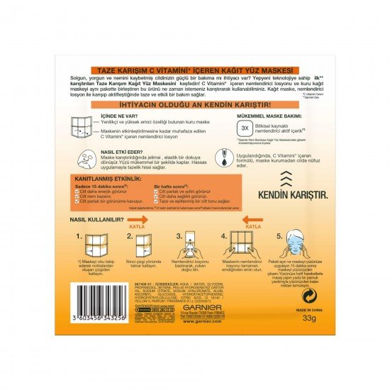 Garnier Taze Karışım Kağıt Yüz Maskesi Vitamin C Garnier Taze Karışım Kağıt Yüz Maskesi Vitamin C