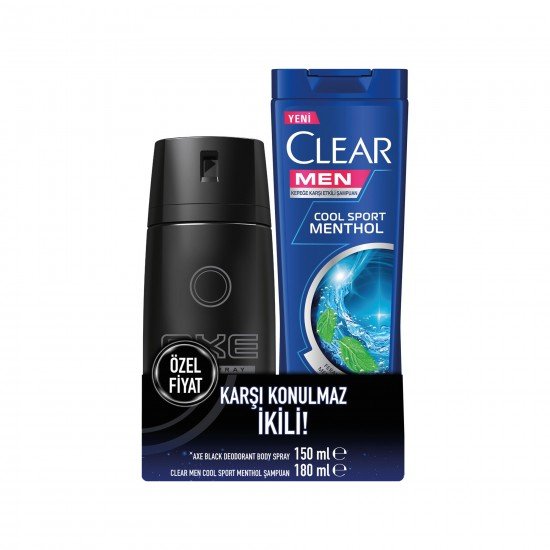 Axe Black Erkek Deodorant Sprey 150 Ml + Clear Men Şampuan Cool Sport 180 Ml Axe Black Erkek Deodorant Sprey 150 Ml + Clear Men Şampuan Cool Sport 180 Ml