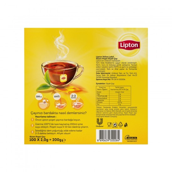 Lipton Yellow Label Süzen Poşey Siyah Çay 100lü