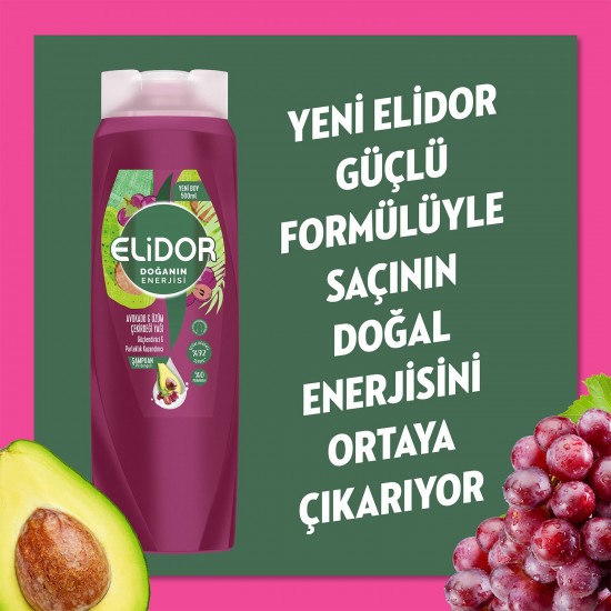 Elidor Doğanın Enerjisi Saç Bakım Şampuanı Avokado ve Üzüm Çekirdeği Yağı Güçlendirici ve Parlaklık Kazandırıcı 500 ml