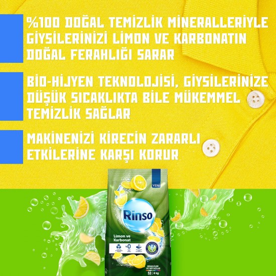 Rinso Toz Çamaşır Deterjanı Renkliler ve Beyazlar İçin Limon ve Karbonat 8 KG 53 Yıkama 1 Adet