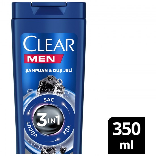 Clear Men 3 in 1 Şampuan & Duş Jeli Arındırıcı Kömür Saç Yüz Vücut İçin 350 Ml