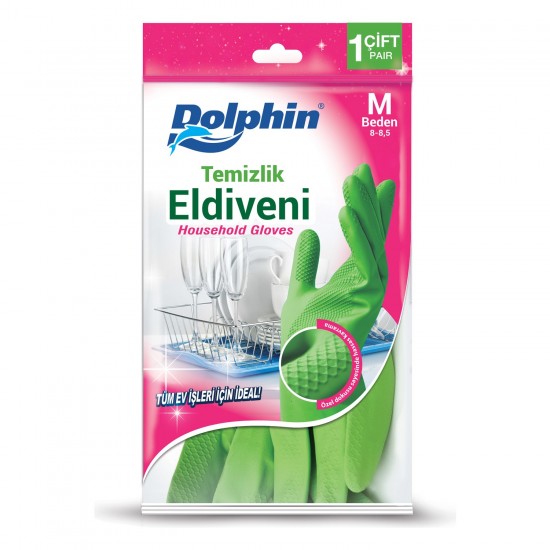 Dolphin Lateks Bulaşık Temizlik İş Eldiveni - Yeşil - Orta Boy ( Medium ) - 8-8,5 - 1 Çift ( 2 Adet )