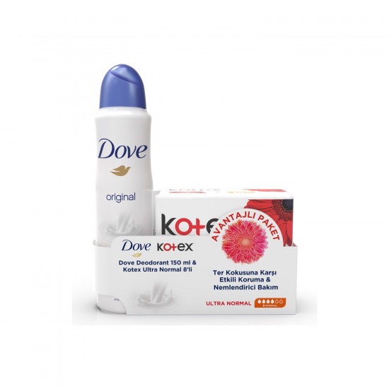 Dove Kadın Sprey Deodorant Original 150 ml + Kotex Hijyenik Ped Ultra Normal 8li