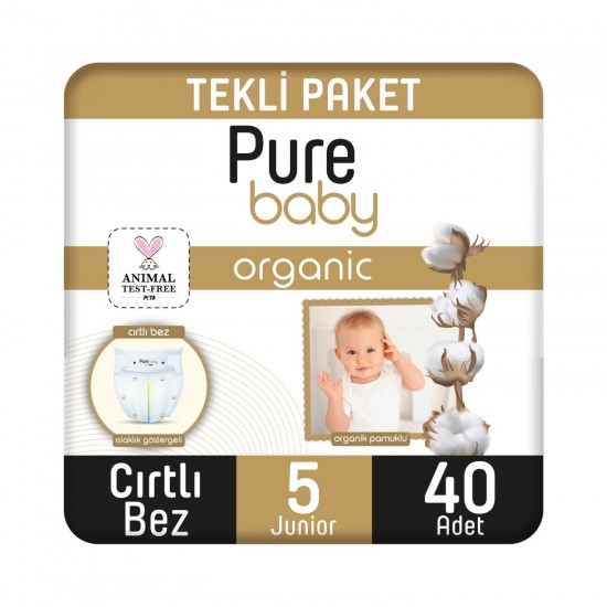 Pure Baby Organik Pamuklu Cırtlı Bez Tekli Paket 5 Numara Junior 40 Adet