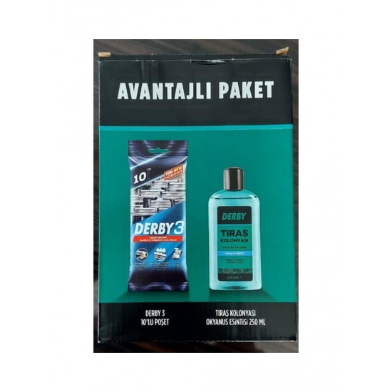 Derby Derby3 Tıraş Bıçağı 10'lu Poşet + Tıraş Kolonyası Okyanus Esintisi 250Ml Avantajlı Paket