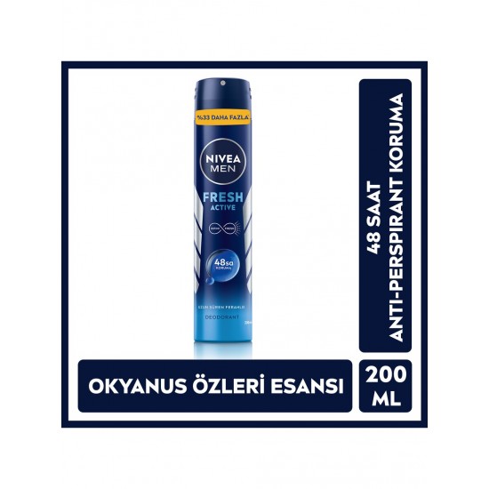 Nivea Men Erkek Sprey Deodorant Fresh Active 200 ml Ter ve Ter Kokusuna Karşı 48 Saat Deodorant Koruması Nivea Men Erkek Sprey Deodorant Fresh Active 200 ml Ter ve Ter Kokusuna Karşı 48 Saat Deodorant Koruması