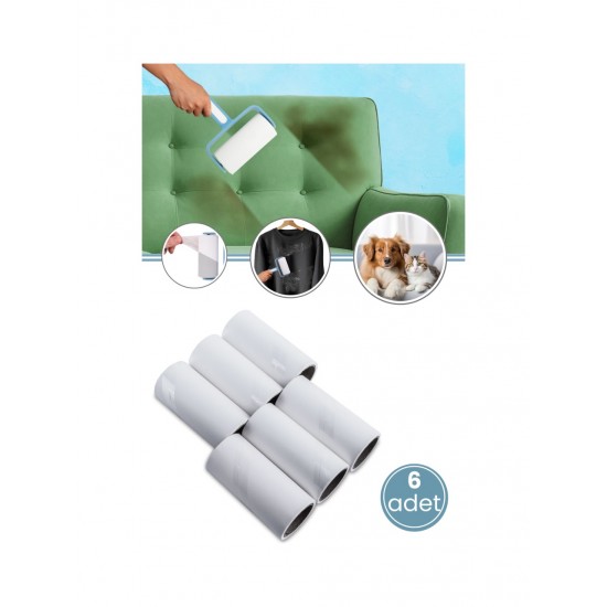 Flora 6'lı Tüy Toplayıcı Yedek Rulo Seti, Kedi Köpek Kıyafet Halı Rulo 60 Yaprak 10 cm (F407 Uyumlu)